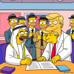 A whimsical scene featuring a cartoonish portrayal of the Dubai ruler and Donald Trump in Simpson-like appearances, joyfully signing a contract