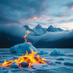 A surreal landscape combining ice and fire, featuring a frozen lake with flames dancing on top, creating a striking contrast of blue ice and orange fire