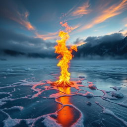 A surreal landscape combining ice and fire, featuring a frozen lake with flames dancing on top, creating a striking contrast of blue ice and orange fire