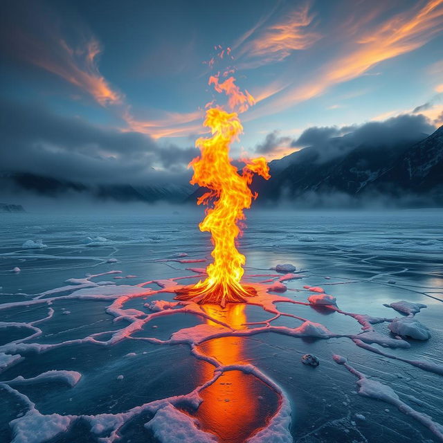 A surreal landscape combining ice and fire, featuring a frozen lake with flames dancing on top, creating a striking contrast of blue ice and orange fire