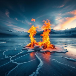 A surreal landscape combining ice and fire, featuring a frozen lake with flames dancing on top, creating a striking contrast of blue ice and orange fire