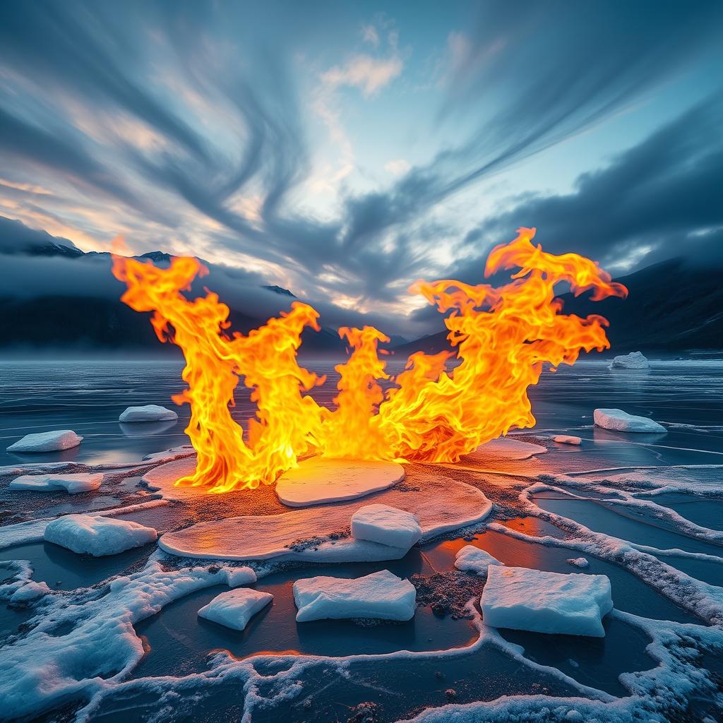 A surreal landscape combining ice and fire, featuring a frozen lake with flames dancing on top, creating a striking contrast of blue ice and orange fire