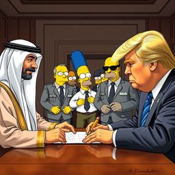 A realistic scene depicting a caricatured version of the Dubai ruler and Donald Trump, both styled in a lifelike manner similar to characters from The Simpsons, signing a contract