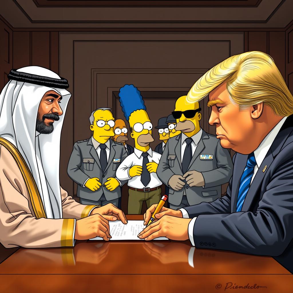 A realistic scene depicting a caricatured version of the Dubai ruler and Donald Trump, both styled in a lifelike manner similar to characters from The Simpsons, signing a contract