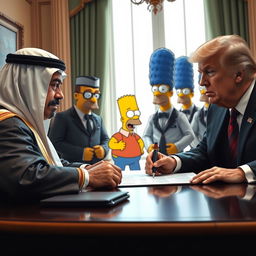 A realistic scene depicting a caricatured version of the Dubai ruler and Donald Trump, both styled in a lifelike manner similar to characters from The Simpsons, signing a contract