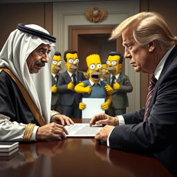 A realistic scene depicting a caricatured version of the Dubai ruler and Donald Trump, both styled in a lifelike manner similar to characters from The Simpsons, signing a contract