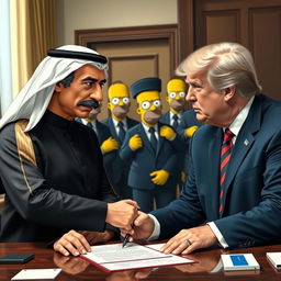 A realistic scene depicting a caricatured version of the Dubai ruler and Donald Trump, both styled in a lifelike manner similar to characters from The Simpsons, signing a contract