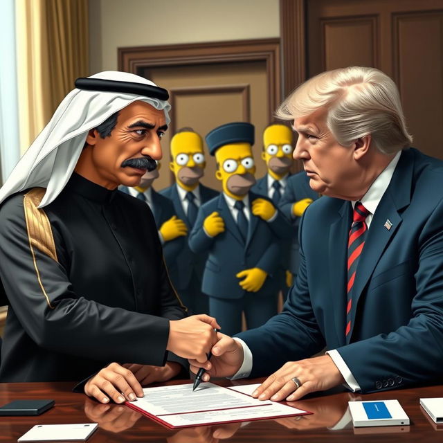 A realistic scene depicting a caricatured version of the Dubai ruler and Donald Trump, both styled in a lifelike manner similar to characters from The Simpsons, signing a contract