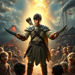 In a captivating fantasy scene, a strikingly handsome half-elf resembling Henry Cavill, 25 years old with short black hair, stands heroically illuminated by a divine light