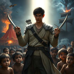 In a captivating fantasy scene, a strikingly handsome half-elf resembling Henry Cavill, 25 years old with short black hair, stands heroically illuminated by a divine light