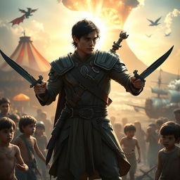 In a captivating fantasy scene, a strikingly handsome half-elf resembling Henry Cavill, 25 years old with short black hair, stands heroically illuminated by a divine light