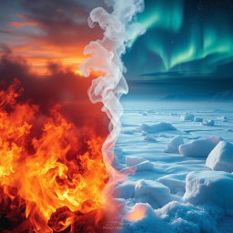 An artistic interpretation of a surreal landscape where half of the scene is engulfed in a fierce fire, creating vibrant reds, oranges, and yellows that symbolize burning passion, while the other half is a frozen tundra, depicting icy blues and whites with glistening frost reflecting light