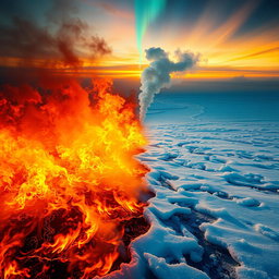 An artistic interpretation of a surreal landscape where half of the scene is engulfed in a fierce fire, creating vibrant reds, oranges, and yellows that symbolize burning passion, while the other half is a frozen tundra, depicting icy blues and whites with glistening frost reflecting light