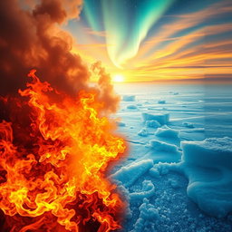 An artistic interpretation of a surreal landscape where half of the scene is engulfed in a fierce fire, creating vibrant reds, oranges, and yellows that symbolize burning passion, while the other half is a frozen tundra, depicting icy blues and whites with glistening frost reflecting light