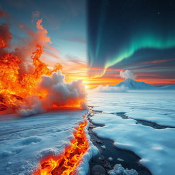 An artistic interpretation of a surreal landscape where half of the scene is engulfed in a fierce fire, creating vibrant reds, oranges, and yellows that symbolize burning passion, while the other half is a frozen tundra, depicting icy blues and whites with glistening frost reflecting light