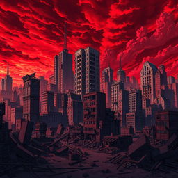 A large cityscape filled with ruined buildings, showcasing a mix of urban decay and dystopian elements, set against a dark red sky that adds an intense and dramatic atmosphere