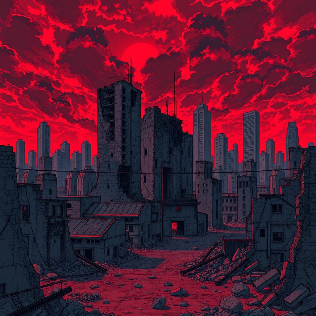 A large cityscape filled with ruined buildings, showcasing a mix of urban decay and dystopian elements, set against a dark red sky that adds an intense and dramatic atmosphere