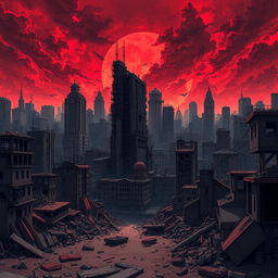 A large cityscape filled with ruined buildings, showcasing a mix of urban decay and dystopian elements, set against a dark red sky that adds an intense and dramatic atmosphere