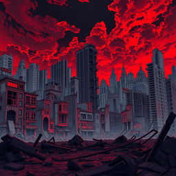 A large cityscape filled with ruined buildings, showcasing a mix of urban decay and dystopian elements, set against a dark red sky that adds an intense and dramatic atmosphere