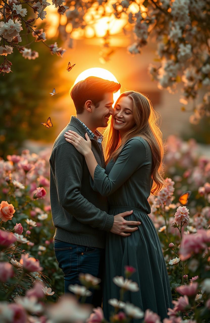 A serene and romantic scene depicting a couple in a beautiful garden surrounded by blooming flowers, with soft, warm lighting and a gentle breeze