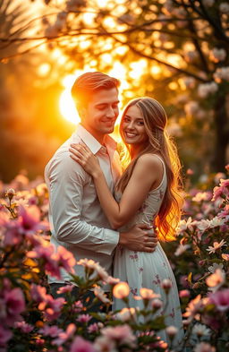 A serene and romantic scene depicting a couple in a beautiful garden surrounded by blooming flowers, with soft, warm lighting and a gentle breeze