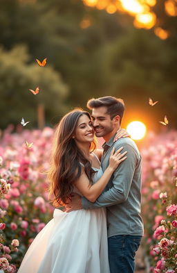 A serene and romantic scene depicting a couple in a beautiful garden surrounded by blooming flowers, with soft, warm lighting and a gentle breeze