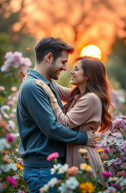 A serene and romantic scene depicting a couple in a beautiful garden surrounded by blooming flowers, with soft, warm lighting and a gentle breeze