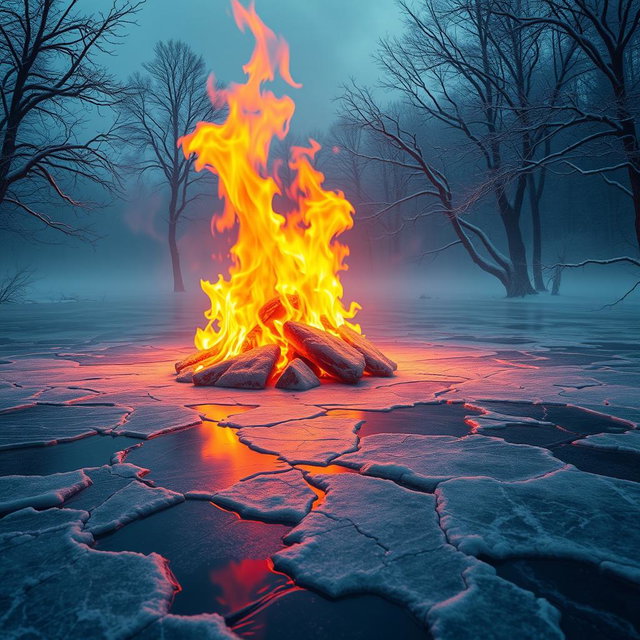 A surreal interpretation of Saadi's poetic imagery, depicting a contrasting scene with a frozen lake with cracked ice representing the 'frozen mountains' juxtaposed with flames flickering above the ice, symbolizing passion and sorrow
