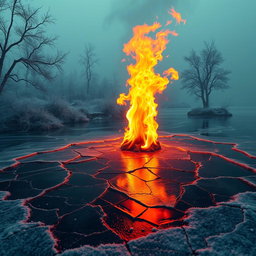 A surreal interpretation of Saadi's poetic imagery, depicting a contrasting scene with a frozen lake with cracked ice representing the 'frozen mountains' juxtaposed with flames flickering above the ice, symbolizing passion and sorrow