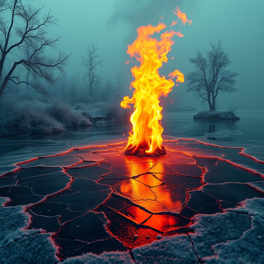 A surreal interpretation of Saadi's poetic imagery, depicting a contrasting scene with a frozen lake with cracked ice representing the 'frozen mountains' juxtaposed with flames flickering above the ice, symbolizing passion and sorrow