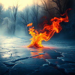A surreal interpretation of Saadi's poetic imagery, depicting a contrasting scene with a frozen lake with cracked ice representing the 'frozen mountains' juxtaposed with flames flickering above the ice, symbolizing passion and sorrow