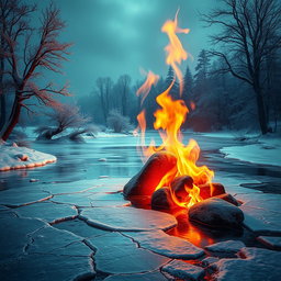 A surreal interpretation of Saadi's poetic imagery, depicting a contrasting scene with a frozen lake with cracked ice representing the 'frozen mountains' juxtaposed with flames flickering above the ice, symbolizing passion and sorrow