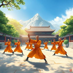 A vibrant scene set in a bustling ancient Chinese martial arts school, encapsulating the essence of Shaolin monks in training