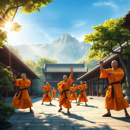 A vibrant scene set in a bustling ancient Chinese martial arts school, encapsulating the essence of Shaolin monks in training