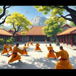 A vibrant scene set in a bustling ancient Chinese martial arts school, encapsulating the essence of Shaolin monks in training