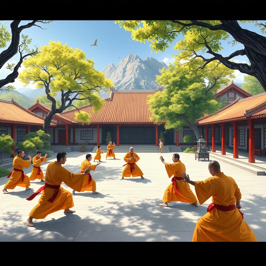 A vibrant scene set in a bustling ancient Chinese martial arts school, encapsulating the essence of Shaolin monks in training