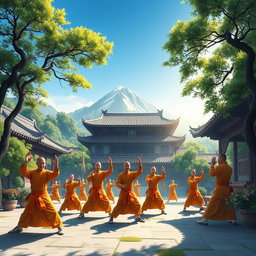 A vibrant scene set in a bustling ancient Chinese martial arts school, encapsulating the essence of Shaolin monks in training
