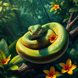 A realistic portrayal of a large, majestic snake, coiled elegantly on a branch in a dense jungle environment