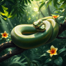 A realistic portrayal of a large, majestic snake, coiled elegantly on a branch in a dense jungle environment