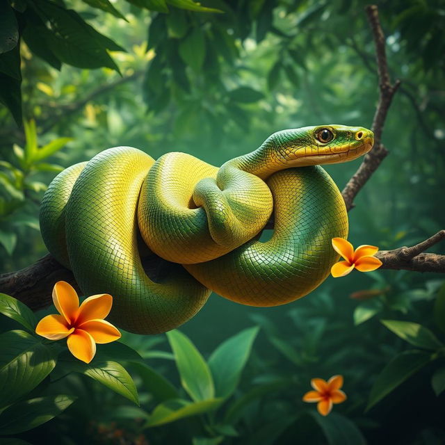 A realistic portrayal of a large, majestic snake, coiled elegantly on a branch in a dense jungle environment