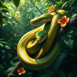 A realistic portrayal of a large, majestic snake, coiled elegantly on a branch in a dense jungle environment