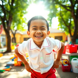 A playful Indonesian elementary school child with a mischievous expression, showcasing a big grin and sparkling eyes that suggest a sense of adventure