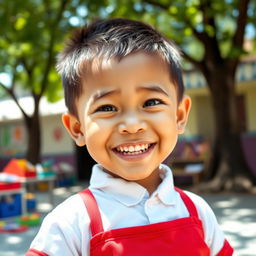 A playful Indonesian elementary school child with a mischievous expression, showcasing a big grin and sparkling eyes that suggest a sense of adventure