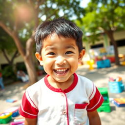 A playful Indonesian elementary school child with a mischievous expression, showcasing a big grin and sparkling eyes that suggest a sense of adventure