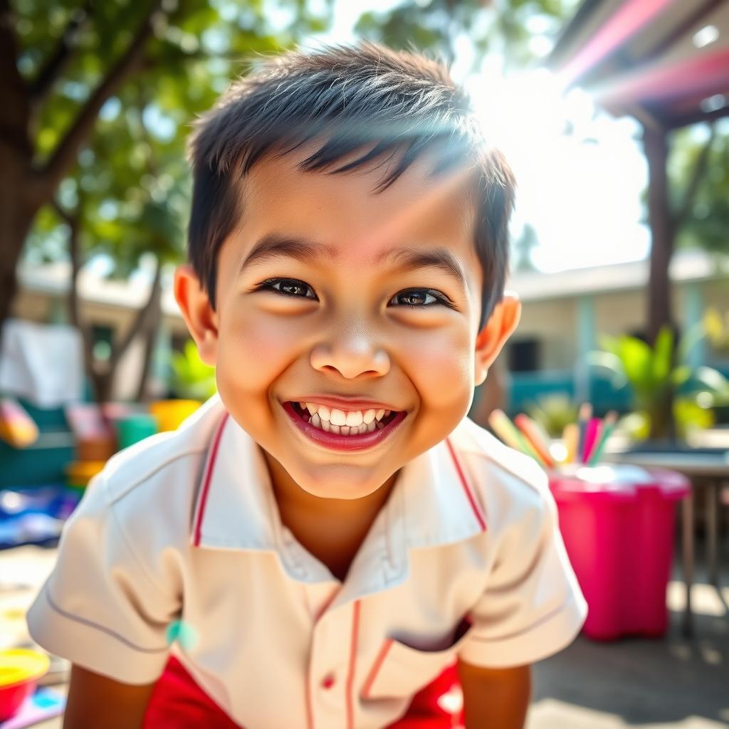 A playful Indonesian elementary school child with a mischievous expression, showcasing a big grin and sparkling eyes that suggest a sense of adventure