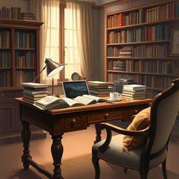 A detailed digital painting of an elegant editor's workspace