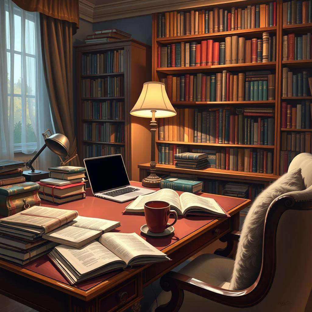 A detailed digital painting of an elegant editor's workspace