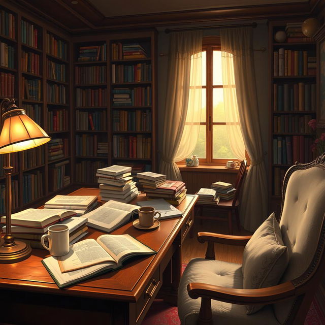 A detailed digital painting of an elegant editor's workspace