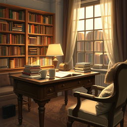 A detailed digital painting of an elegant editor's workspace