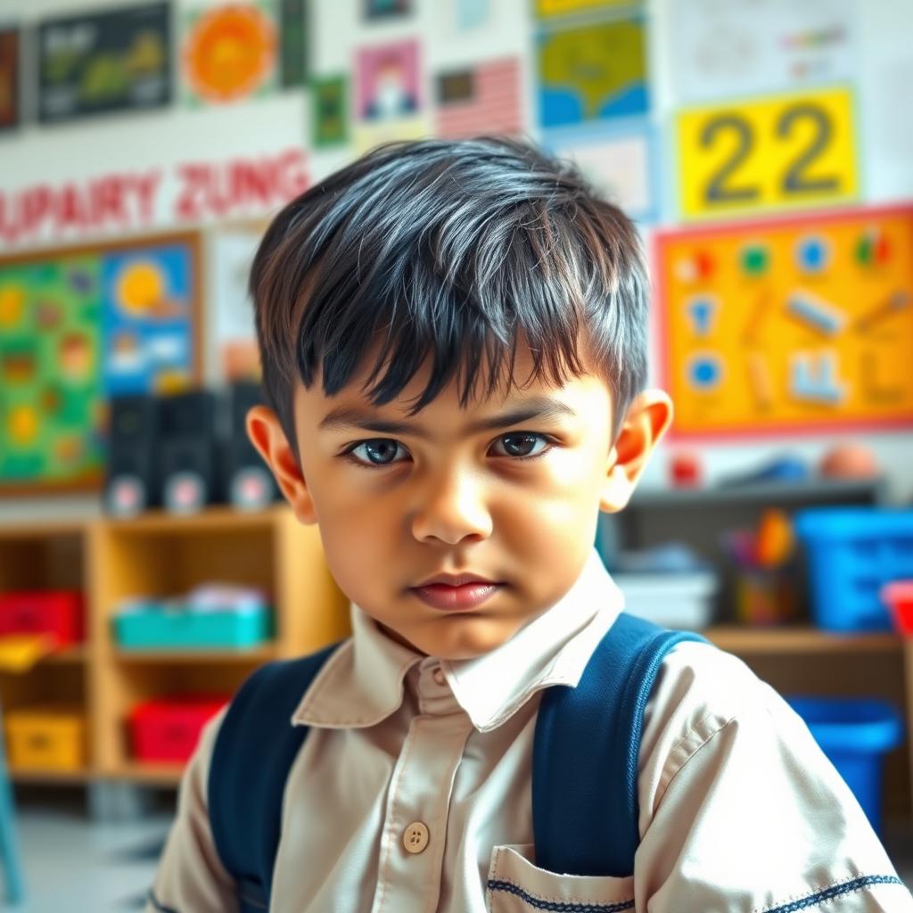 A mischievous Indonesian elementary school child with a devious expression, wearing a school uniform, standing in a classroom